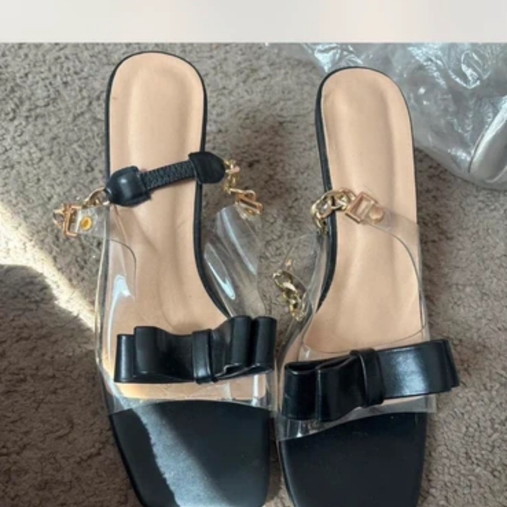 Black Bow Clear-Strap Slide Heels with Gold Chain Accent - Women